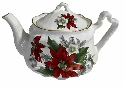 Buy ARTHUR WOOD & SON #6751 Teapot, Poinsettia Floral. Hand-painted. Gold Trim MINT • 37.93£
