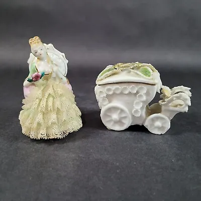 Buy Vintage Bone China Porcelain Figurine Set Dresden Style Lace Lady And Carriage • 15.15£