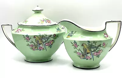 Buy Rare CROWN DUCAL WARE - GREEN Chinoiserie PARROTS - SUGAR & CREAMER C-1920's • 70.40£