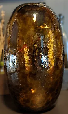 Buy Hand Blown 11  Tall Tortoiseshell Glass Vase Pebble Amber Brown Crackle Finish • 95.18£