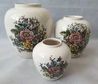 Buy Vintage Art Deco Set Of Three Crown Devon Fieldings Vases With Floral Designs • 49.99£
