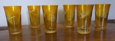 Buy SUPER Set SIX 1920's BOHEMIAN AMBER FLASHED, ENGRAVED WILDFOWL TUMBLER GLASSES • 38£
