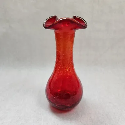 Buy Vintage Red Orange Crackle Glass Vase Ruffled Edge Hand Blown • 15.34£