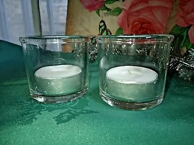Buy Pair Of Clear Glass Tealight Holders With 2 X 10 Hour Burn Time Maxi Tealights  • 6.99£