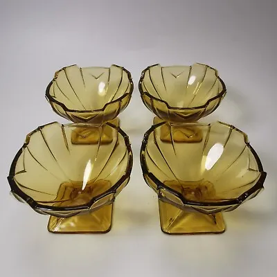 Buy ~ Vintage Art Deco ~ Sowerby ~ Glass Dessert / Fruit Bowls ~ Amber Glass X 4 ~ • 19.95£