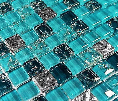 Buy New Teal Turquoise Blue Green Silver Chrome Crackle Glass Mosaic Wall Tile 8mm • 8.98£