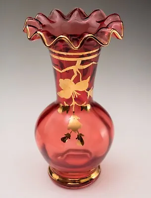Buy Vintage Bohemian Ruby Glass Posy Vase Hand Painted Gilded Czech Republic 16cm • 22.97£