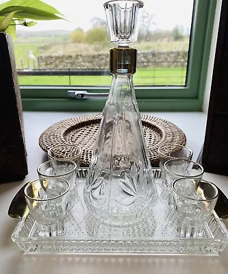 Buy Mid Century Vintage Cut Glass With Gold Gilt Decanter & 6 Glass Set On Own Tray • 24£