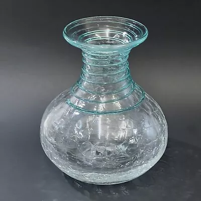 Buy Vintage Blenko Clear Crackle Glass Vase With Aqua Spiral #8318 • 37.84£