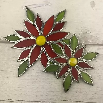 Buy Set Of 2 Stained Glass Poinsettia Ornaments Window Decorations - Handmade In UK • 39.99£