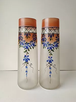 Buy Pair Of Vintage Art Nouveau Style Enamel Painted Frosted Glass Vases. 28cm Tall • 40£