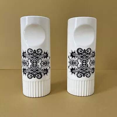 Buy Holkham Pottery Pair Of Ceramic Vases Black & White Monochrome Ribbed Concave • 34.95£