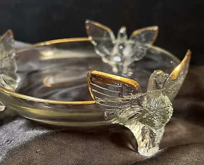 Buy Vintage Round Clear Glass Footed Bowl Spread Winged Doves With Gold Accents • 24.08£