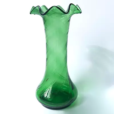 Buy Victorian Bristol Green Glass Hyacinth Bulb Vase Fluted Ruffle Rim Antique C19th • 28£