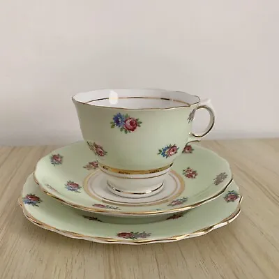 Buy Colclough Bone China Trio Set Tea Cup Saucer Side Plate Mint Green With Roses • 24£