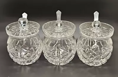 Buy 3 X  Crystal Cut Glass Preserve Pots With Glass Lid And Spoons Brierley • 29.99£