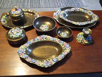 Buy Vintage Plant Tuscan China Dish Black And Gold With Multicolored Flowers 2 Of 2 • 25£
