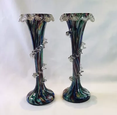 Buy Pair Of Vintage Franz Welz Bohemian Art Spatter Glass Vases With Rigaree Rims • 39£