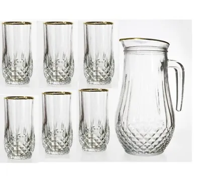 Buy 7pc Glassware Crystal Cut Water Juice Drink Set Gold Rim Jug Pitcher Glasses New • 21.95£