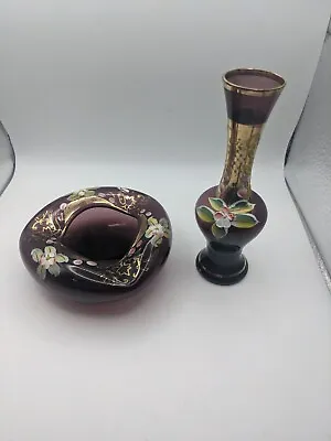 Buy Vintage Handmade & Painted Bohemian Glass Vase & Bowl Set Plum Color • 31.30£