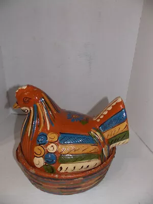 Buy VINTAGE HAND PAINTED MEXICAN POTTERY CHICKEN/HEN ON NEST CASSEROLE RUSTIC 11 X9 • 61.63£
