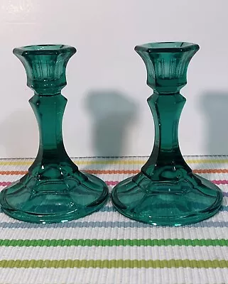 Buy 2 Vintage Indiana Glass Taper Candle Stick Holders Green Paneled 4.5  Tall • 14.41£