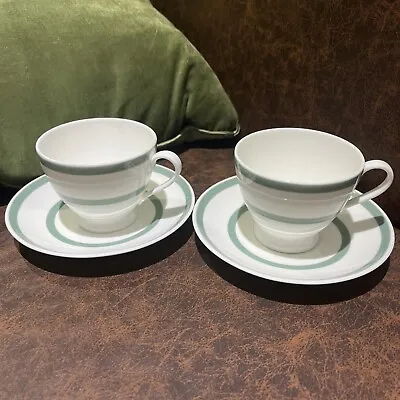 Buy Vintage Unmarked Bone China White & Green Hooped Tea Cups & Saucers X 2 • 5.99£