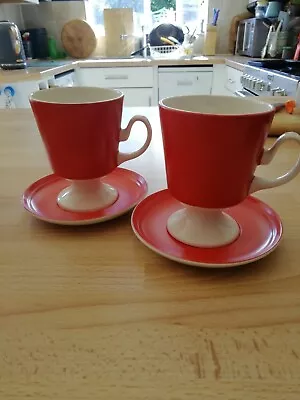 Buy CARTON WARE VINTAGE COFFEE CUPS X 2  PLUS SAUCERS RED AND WHITE 4.5ins High • 19.99£