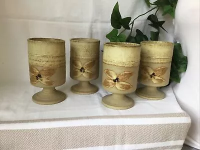 Buy Vintage Studio Pottery Goblets With  Cream And Brown Floral Design Set Of 4 • 19.99£