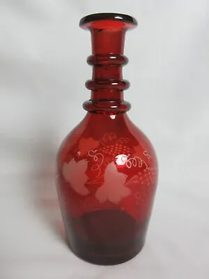 Buy Vintage Ruby Glass Decanter With Etched Vine Pattern 19.5cm Tall Missing Stopper • 13.50£