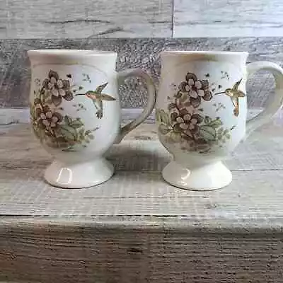 Buy 2 Vintage Stoneware Irish Coffee Mug Hummingbird Flowers Pedestal Footed • 14.21£