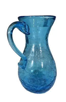 Buy Vintage Blue Crackle Glass Pitcher Mini Small Hand Blown Applied Handle 5  • 10.54£