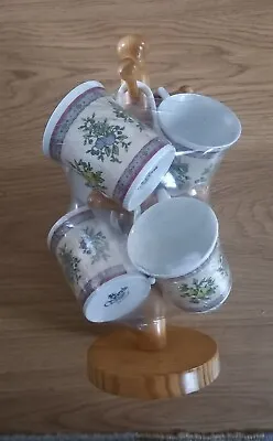 Buy 6x Vintage Queen's Fine Bone China Coffee Mug Floral Fruit On Wooden Tree Stand • 27.50£