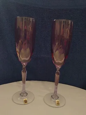 Buy Vintage Pair Of LR (Lednicke Rovne) Slovakia Glass Pink Champagne Flutes  • 18£