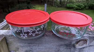 Buy 2 Pyrex Christmas 4 Cup Storage Bowls Snowflake And Christmas Trees With Lids • 23.71£