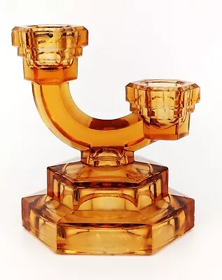 Buy Riihimaki Glass (Finland) #5897 Art Deco Amber Twin Candle Holder • 19.99£
