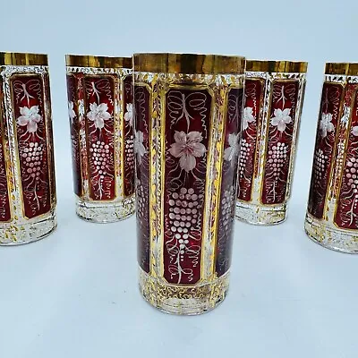 Buy 1880 Bohemian Gilded Tumblers Etched Ruby Cut To Clear Glass Grape Leaf Drinking • 520.65£