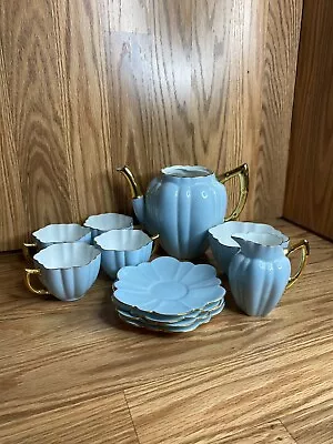 Buy Teapot - Creamer - Sugar Bowl - Tea Cups - Saucer Set - Light Blue W/ Gold Trim • 28.81£