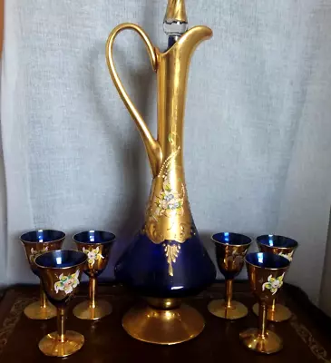 Buy Bohemia Cobalt Blue Inlaid With Gold Decanter Jug 6 Sherry Glasses Glassware • 43£