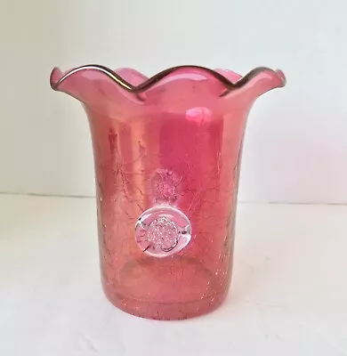 Buy Vintage Pink Cranberry Crackle Glass Vase With Applied Clear Glass Medallions • 9.48£