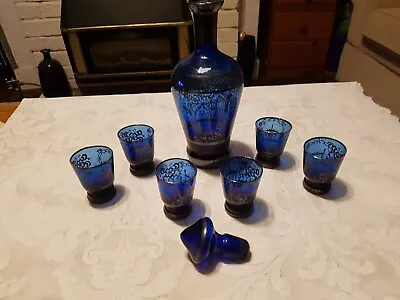 Buy Vintage Bohemian Blue Glass And Silver Decanter And Glasses Set • 9.99£