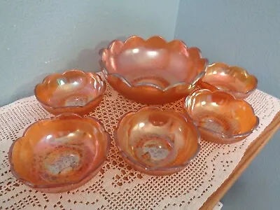 Buy 6 Pc. Vintage Jeannette Marigold Iridescent Crackle Glass Berry Bowl Set Nice • 25.06£