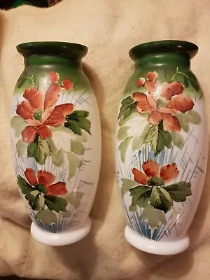 Buy Pair Of Victorian Milk Glass Floral Painted Glass Vases C1900 • 59£