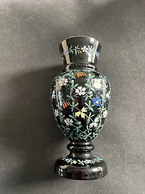 Buy Black Glass Antique Vase With Multicoloured Hand Painted Flowers On 18cm High • 19.95£