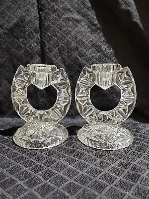 Buy Vintage Glass Candlesticks Pair Of Clear Candle Holders Art Deco 1930s Pressed  • 5.50£