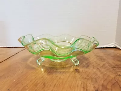Buy 1940's GREEN Ribbon RUFFLED Depression Glass 3 FOOTED Serving Dish • 17.98£