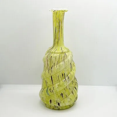 Buy Vintage Vase Neon Yellow/Lime Green & Blue Swirl Ribbed Blown Glass • 44.99£