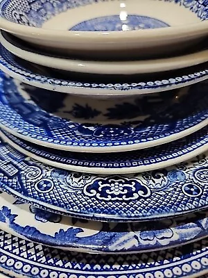 Buy Vintage Mismatched China Blue Willow Chinoiserie Transferware For Two (9 Pieces) • 34.15£