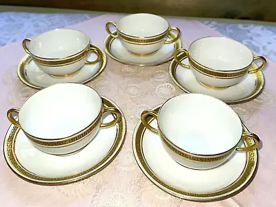 Buy Limoges France Jean Pouyat THE ATHENA 5 Footed Bouillon Cups & Saucers Antique • 57.53£