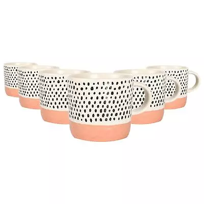 Buy 6x Dipped Dotty Stoneware Coffee Mugs Large Rustic Tea Cups Set 385ml Pink • 19£